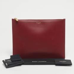 Pre Owned Saint Laurent Red Leather Zip Flat Pouch