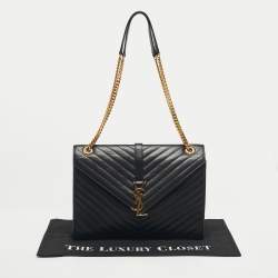 Pre Owned Saint Laurent Black Chevron Leather Large Monogram Envelope Shoulder Bag