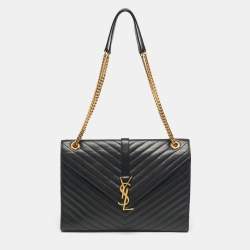 Pre Owned Saint Laurent Black Chevron Leather Large Monogram Envelope Shoulder Bag
