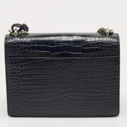 Pre Owned Saint Laurent Navy Blue Croc Embossed Leather Medium Sunset Shoulder Bag
