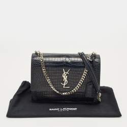 Pre Owned Saint Laurent Navy Blue Croc Embossed Leather Medium Sunset Shoulder Bag