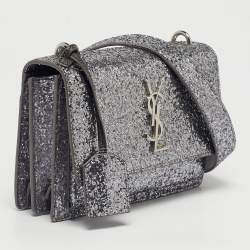 Pre Owned Saint Laurent Silver Glitter Leather Small Sunset Chain Shoulder Bag