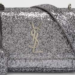 Pre Owned Saint Laurent Silver Glitter Leather Small Sunset Chain Shoulder Bag