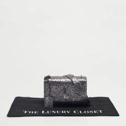 Pre Owned Saint Laurent Silver Glitter Leather Small Sunset Chain Shoulder Bag