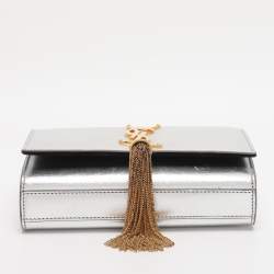 Pre Owned Saint Laurent Paris Silver Metallic Leather Small Kate Shoulder Bag