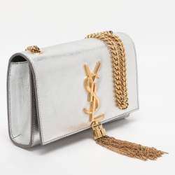 Pre Owned Saint Laurent Paris Silver Metallic Leather Small Kate Shoulder Bag