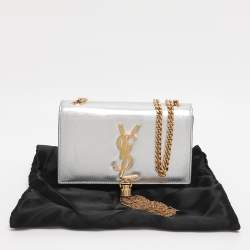 Pre Owned Saint Laurent Paris Silver Metallic Leather Small Kate Shoulder Bag