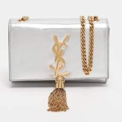 Pre Owned Saint Laurent Paris Silver Metallic Leather Small Kate Shoulder Bag