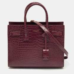 Pre Owned Saint Laurent Burgundy Croc Embossed Leather Baby Sac de Jour Tote