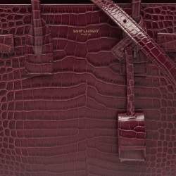 Pre Owned Saint Laurent Burgundy Croc Embossed Leather Baby Sac de Jour Tote
