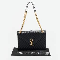 Pre Owned Saint Laurent Black Chevron Leather Large Monogram Envelope Shoulder Bag