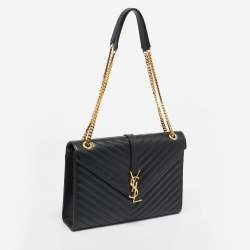 Pre Owned Saint Laurent Black Chevron Leather Large Monogram Envelope Shoulder Bag