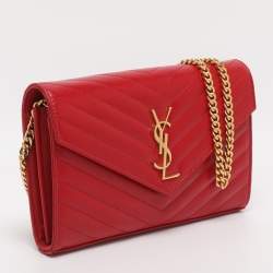 Pre Owned Saint Laurent Red Matelassé Leather Cassandre Wallet on Chain