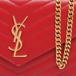 Pre Owned Saint Laurent Red Matelassé Leather Cassandre Wallet on Chain