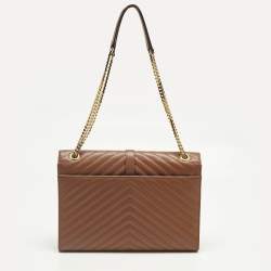 Pre Owned Saint Laurent Brown Chevron Leather Large Monogram Envelope Shoulder Bag