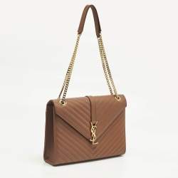 Pre Owned Saint Laurent Brown Chevron Leather Large Monogram Envelope Shoulder Bag