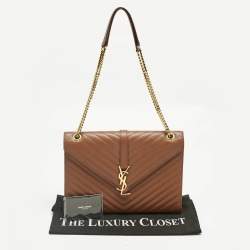 Pre Owned Saint Laurent Brown Chevron Leather Large Monogram Envelope Shoulder Bag