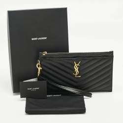 Pre Owned Saint Laurent Black Matelassé Leather Monogram Wristlet Pouch