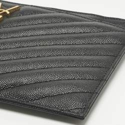 Pre Owned Saint Laurent Black Matelassé Leather Monogram Wristlet Pouch