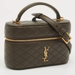 Pre Owned Saint Laurent Olive Green Quilted Leather Mini Gaby Vanity Bag