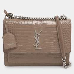 Pre Owned Saint Laurent Taupe Croc Embossed Leather Medium Sunset Shoulder Bag