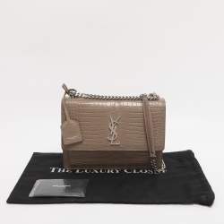 Pre Owned Saint Laurent Taupe Croc Embossed Leather Medium Sunset Shoulder Bag