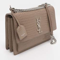 Pre Owned Saint Laurent Taupe Croc Embossed Leather Medium Sunset Shoulder Bag