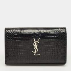 Pre Owned Saint Laurent Black Croc Embossed Leather Kate Clutch