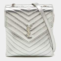 Pre Owned Saint Laurent Silver Leather Matelasse Double Flap Crossbody Bag