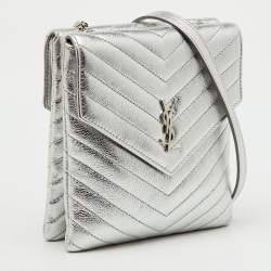 Pre Owned Saint Laurent Silver Leather Matelasse Double Flap Crossbody Bag