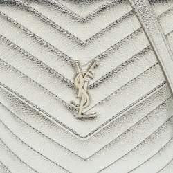 Pre Owned Saint Laurent Silver Leather Matelasse Double Flap Crossbody Bag