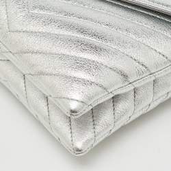 Pre Owned Saint Laurent Silver Leather Matelasse Double Flap Crossbody Bag