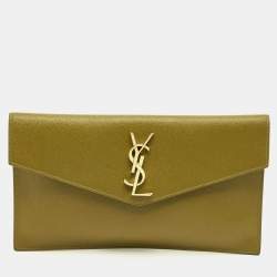 Pre Owned Saint Laurent Olive Green Leather Uptown Clutch