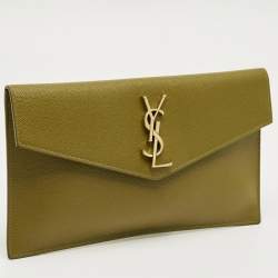 Pre Owned Saint Laurent Olive Green Leather Uptown Clutch