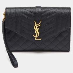 Pre Owned Saint Laurent Black Leather Monogram Envelope Pouch Clutch