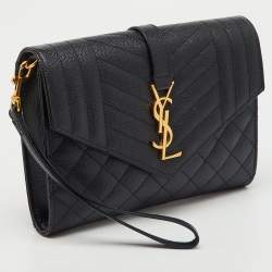 Pre Owned Saint Laurent Black Leather Monogram Envelope Pouch Clutch