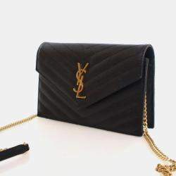 Pre Owned Saint Laurent Grained Calfskin Cassandre Envelope Wallet On Chain (WOC)