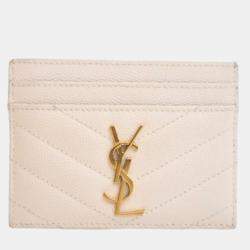 Pre Owned Saint Laurent White Grained Calfskin Card Holder
