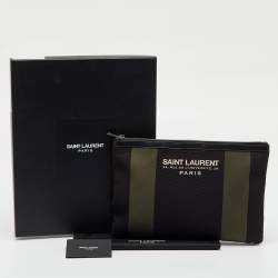 مملوكة مسبقًا Saint Laurent Black/Khaki Stripe Canvas and Leather Zip Pouch