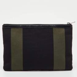 مملوكة مسبقًا Saint Laurent Black/Khaki Stripe Canvas and Leather Zip Pouch