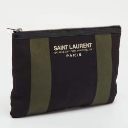 مملوكة مسبقًا Saint Laurent Black/Khaki Stripe Canvas and Leather Zip Pouch