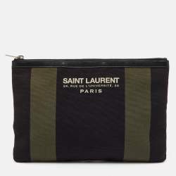 مملوكة مسبقًا Saint Laurent Black/Khaki Stripe Canvas and Leather Zip Pouch
