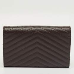 Pre Owned Saint Laurent Dark Burgundy Matelassé Leather Cassandre Wallet on Chain