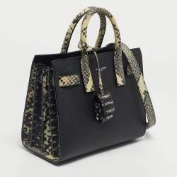 Pre Owned Saint Laurent Black/Cream Python Embossed and Leather Nano Classic Sac De Jour Tote