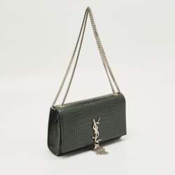 Pre Owned Saint Laurent Green Croc Leather Medium Kate Tassel Chain Shoulder Bag