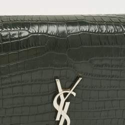 Pre Owned Saint Laurent Green Croc Leather Medium Kate Tassel Chain Shoulder Bag