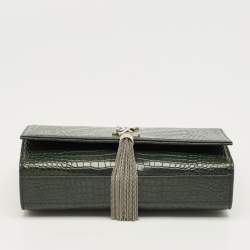 Pre Owned Saint Laurent Green Croc Leather Medium Kate Tassel Chain Shoulder Bag