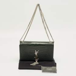 Pre Owned Saint Laurent Green Croc Leather Medium Kate Tassel Chain Shoulder Bag