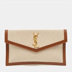 Pre Owned Saint Laurent Brown/Beige Canvas ad Leather Uptown Pouch