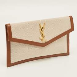 Pre Owned Saint Laurent Brown/Beige Canvas ad Leather Uptown Pouch